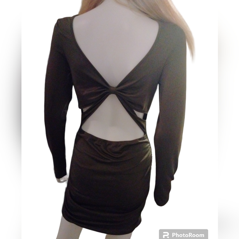 Ruched Side long sleeve bodycon Mini Dress Sz L‎ open back olive green - Picture 2 of 4